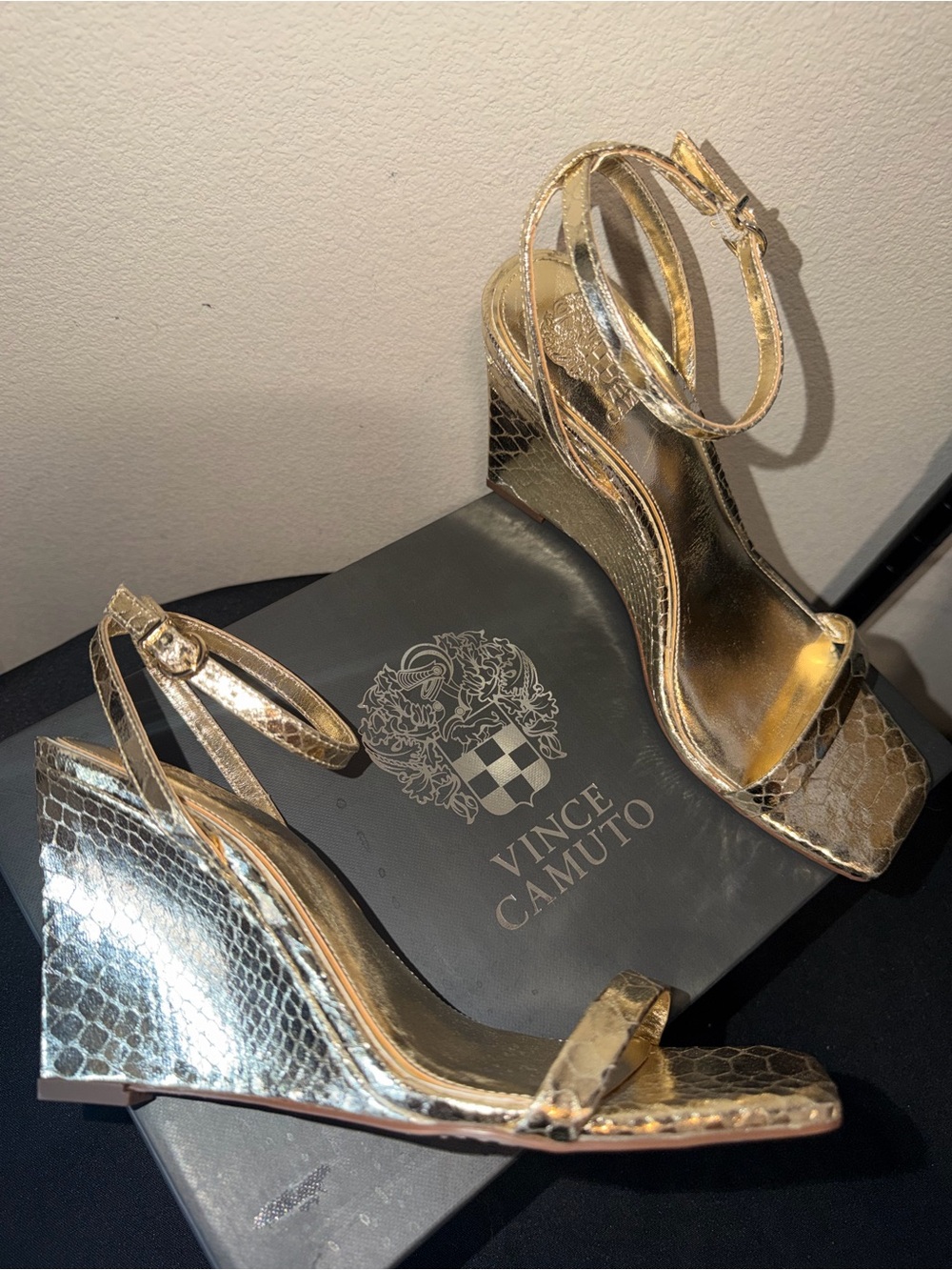 Vince Camuto Metallic Gold Snake-Embossed Wedge Sandals